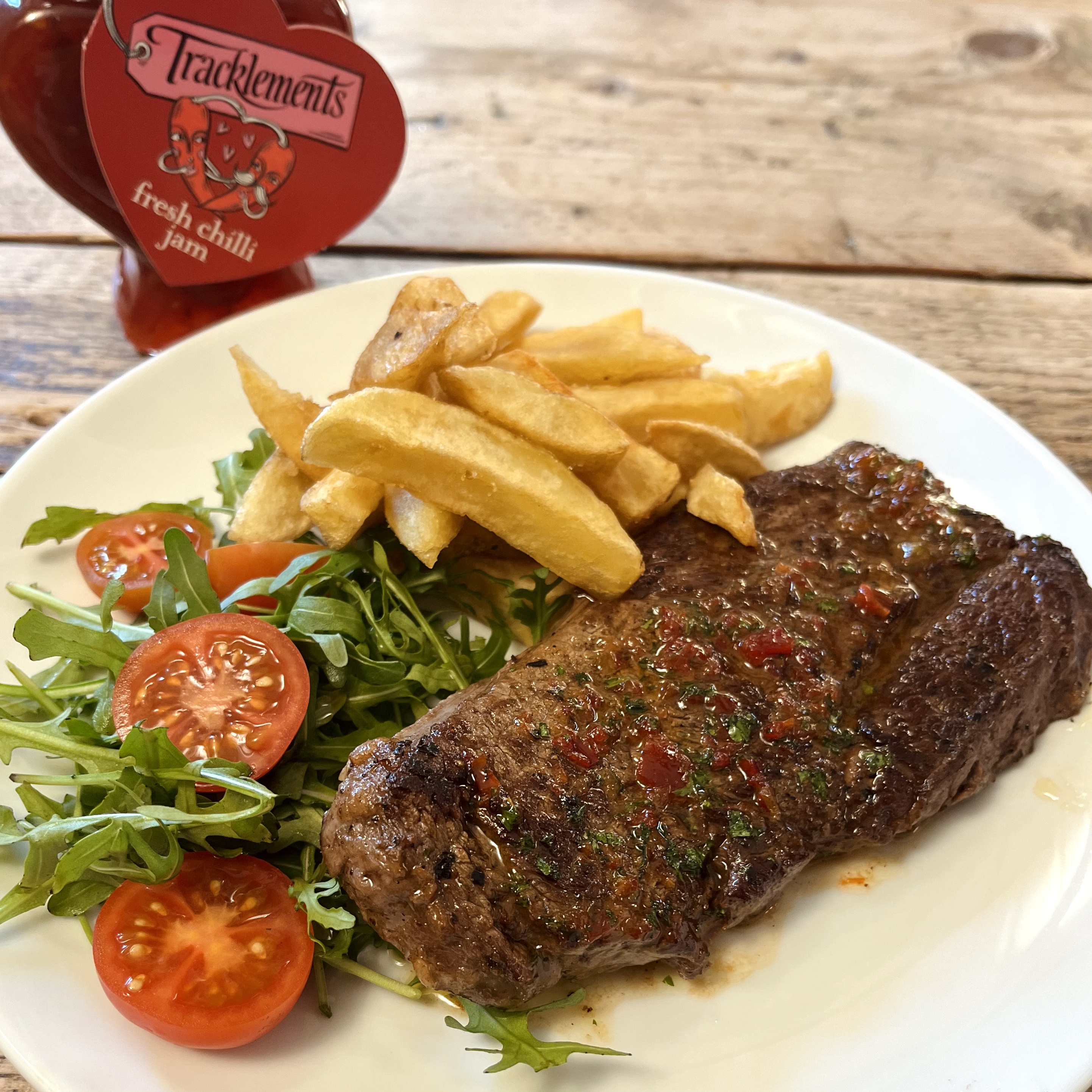 Our Head Chef, Ben's Rump Steak with Butter & Tracklements Chilli Jam